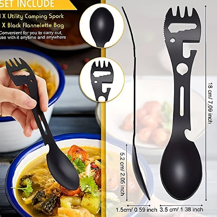 1/2pcs 10-in-1 Multi-Functional Tableware - Stainless Steel Portable Utensil, Can Opener, Serrated Knife, Wrench, Direction Indicator - Perfect for Outdoor Camping, Hiking, Picnic & Travel - For Adventurers & Outdoor Enthusia