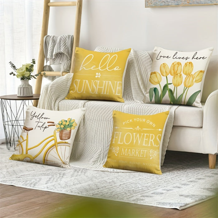 [4pcs Hello Sunshine Pillow Covers] 4pcs Spring Pillow Covers 18x18 Inch Hello Sunshine Tulip Throw Pillow Covers Spring Summer Farmhouse Decorations Yellow Bike Flowers Cushion Covers For Sofa Couch Home Decor, Room Decor, O
