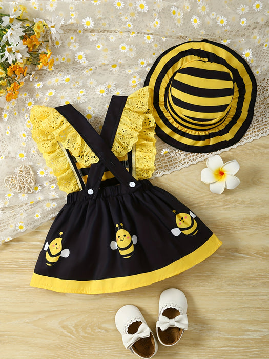 [Ladybug Summer Dress Set] 2pcs Little Bee Ladybug Summer Dress - Striped Full-Print Exposed Back Spliced for Lotus Lace Adjustable Suspender + Sun Hat Set