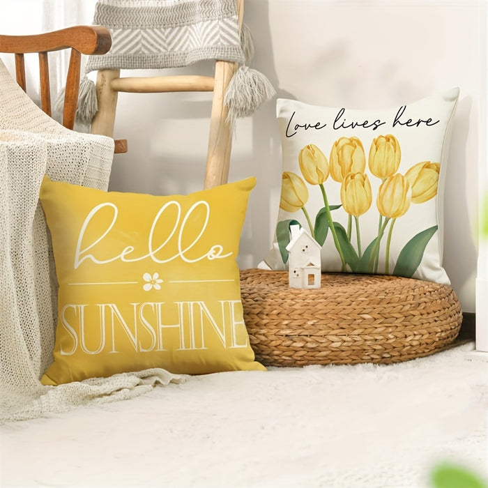[4pcs Hello Sunshine Pillow Covers] 4pcs Spring Pillow Covers 18x18 Inch Hello Sunshine Tulip Throw Pillow Covers Spring Summer Farmhouse Decorations Yellow Bike Flowers Cushion Covers For Sofa Couch Home Decor, Room Decor, O