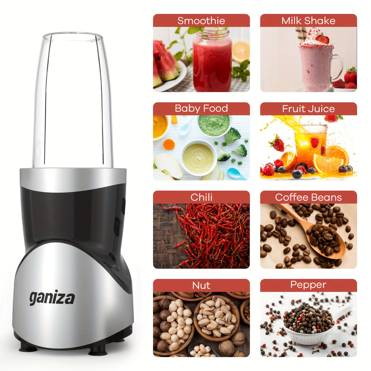 Ganiza Smoothie Juicers, Blender For Shakes And Smoothies, 15pcs Personal Blender And Grinder Combo For Kitchen, Smoothies Maker With 4 BPA-Free Portable Blender Cup, Nutritious Recipe, MAX 900W, Gifts For Family And Friends