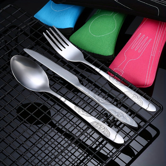 3pcs Set Dinnerware Portable Printed Knifes Fork Spoon Stainless Steel Family Camping Steak Cutlery Tableware with Bag