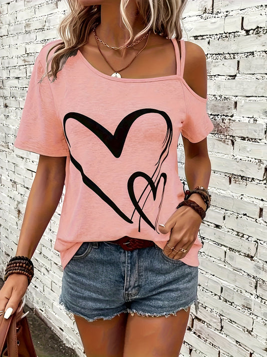 Heart Print Asymmetrical Backless Cold Shoulder T-Shirt for Women