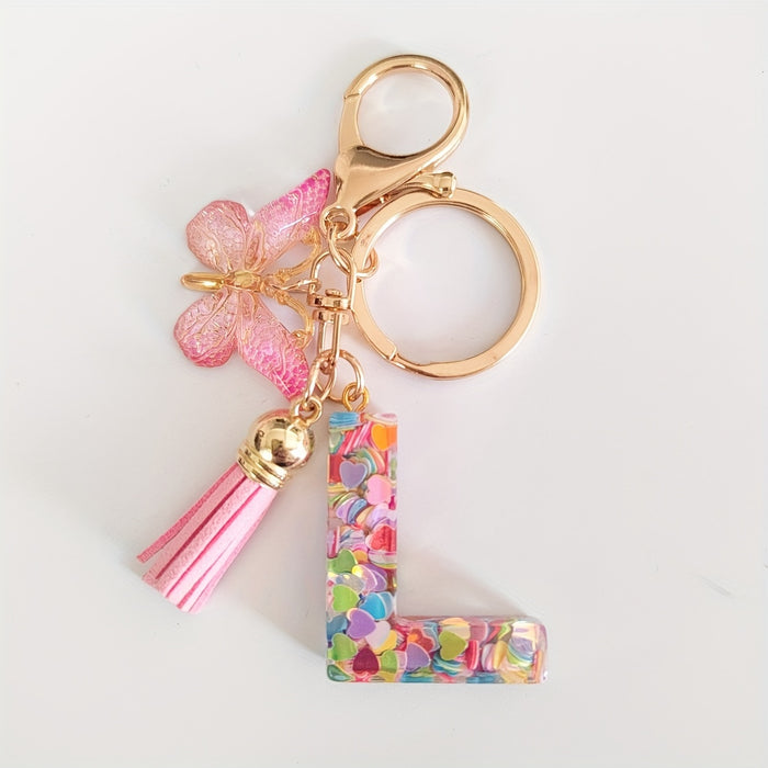 1pc Creative English Letter Pendant Keychain For Girls, Pink Sequin Drop Glue Butterfly Key Chain For Girls, Bag Car Key Ornament Christmas Gift