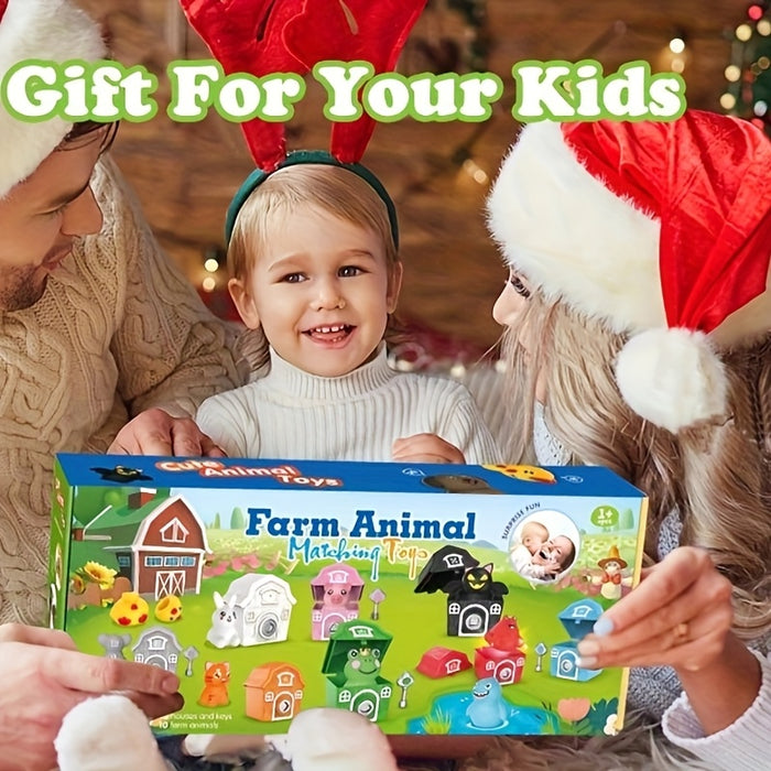 Animal Toys for Ages 3 and Up, 30pcs of Farm Animal Toys, 10 Farm Animals and 10 Barns, 10 Keys, Counting, Matching and Sorting Fine Motor Sensory Toys