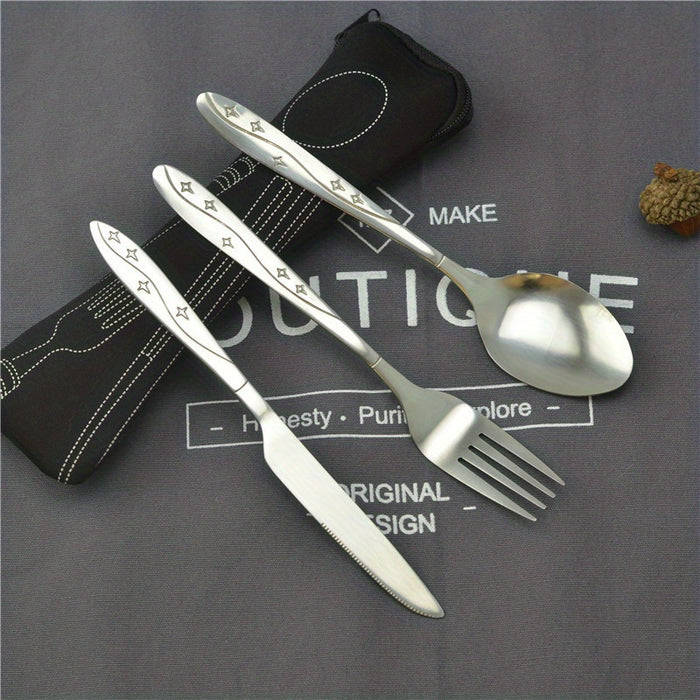 3pcs Set Dinnerware Portable Printed Knifes Fork Spoon Stainless Steel Family Camping Steak Cutlery Tableware with Bag