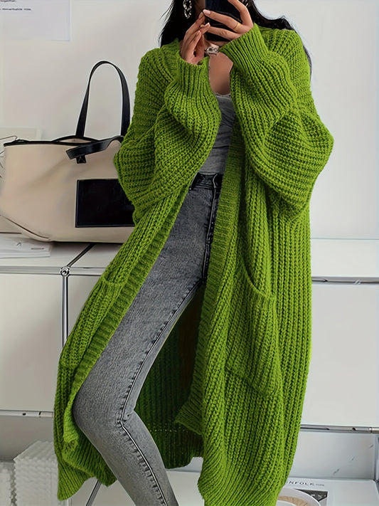 Women's Solid Color Open Front Knitted Cardigan, Long Sleeve, Spring/Fall Casual Wear