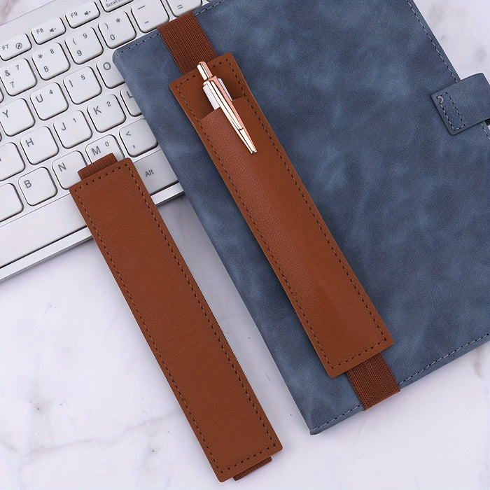 1pc Solid Color Notebook Pen Cover Pen Holder Pu Single Storage Elastic With Pen Bag