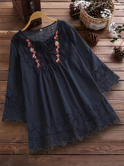 Plus Size Floral Applique Lace Blouse, Tie Neck Short Sleeve Women's Top