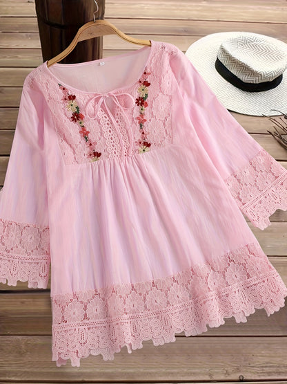 Plus Size Floral Applique Lace Blouse, Tie Neck Short Sleeve Women's Top