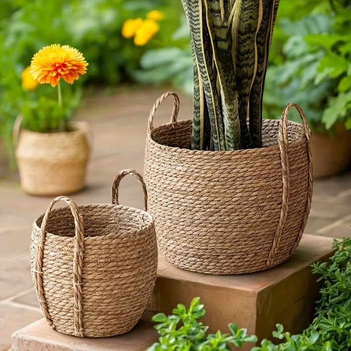 Handcrafted Nordic-Inspired Seaweed Woven Flower Pot - Versatile, Painted Finish, Slide-Out Shelf Design for Home & Garden Decor
