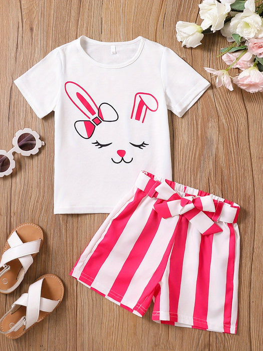 2pcs Toddler Girls Easter Cartoon Bunny Graphic T-Shirts Round Neck Short Sleeve Tees Top & Elastic Waist Belted Stripe Shorts Set Kids Summer Outdoor Clothes