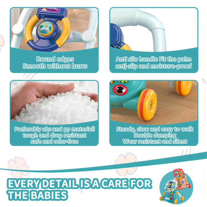 Interactive Youngsters Walker Car for Boys & Girls, 6-12 Months - Durable ABS Material, Parking Brake, Music & Educational Toys, Pink/Blue, 45cm x 32cm x 40cm