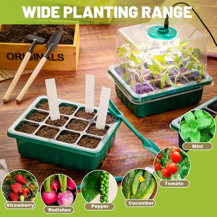 Seed Starter Disc with Growth Lamp, 2 Sets of Seed Germination Kits, with Adjustable Humidity Dome, Seedling Starter Disc with Heightening Lid, 8 Full Spectrum LED Bulbs for Indoor Plants, Mini Greenhouse for Seed Germination