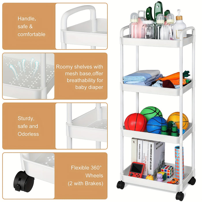 2-Tier Rolling Diaper Caddy Organizer Cart - White Plastic Storage with Wheels for Youngsters Essentials, Cleaning Supplies, and Household Items