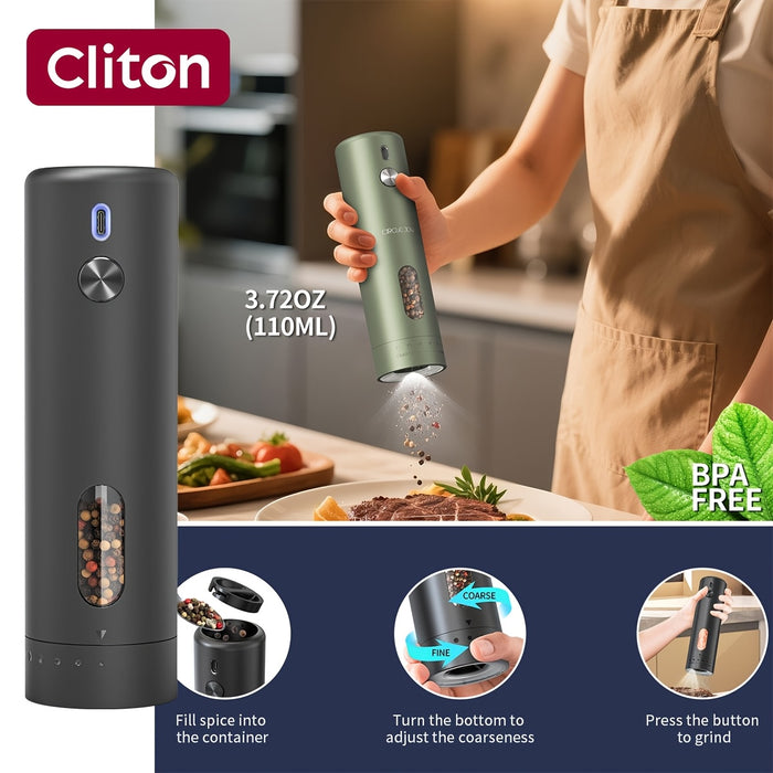 Electric Pepper Grinder Rechargeable, Automatic Salt and Pepper Mills Set with 3.72oz Container, External Adjustable Coarseness, White LED Light and One-Handed Operation for Kitchen, Outdoor, BBQ & Gift Giving