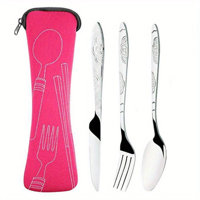 3pcs Set Dinnerware Portable Printed Knifes Fork Spoon Stainless Steel Family Camping Steak Cutlery Tableware with Bag