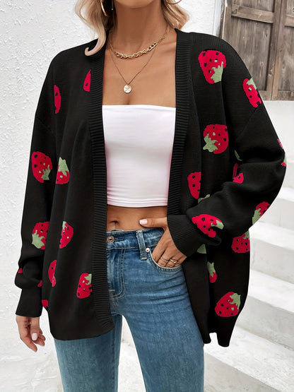 Strawberry Print Open Front Cardigan, Long Sleeve Elegant Cardigan for Spring & Fall, Women's Clothing