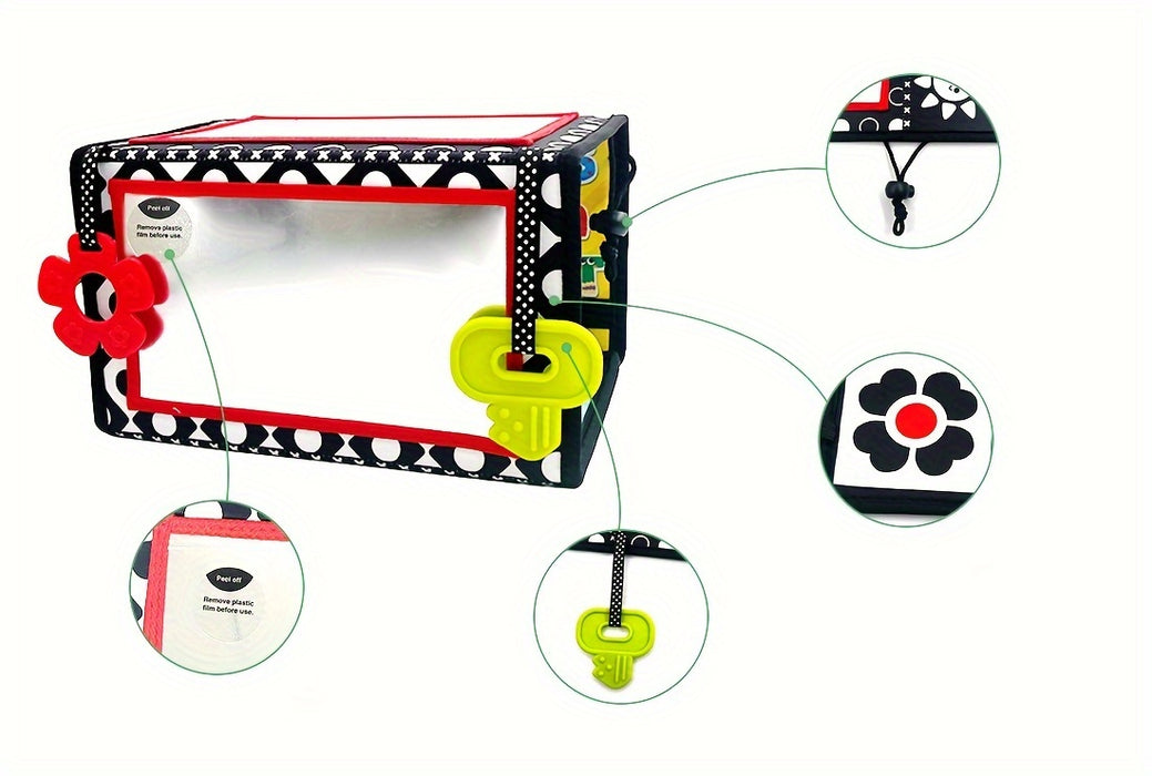 Baby Tummy Time Mirror - Early Learning Sensory Stimulation, Safe Materials, Car Seat Back Hanging Toy, Foldable Infant Black and White Cognitive Mirror - Gift