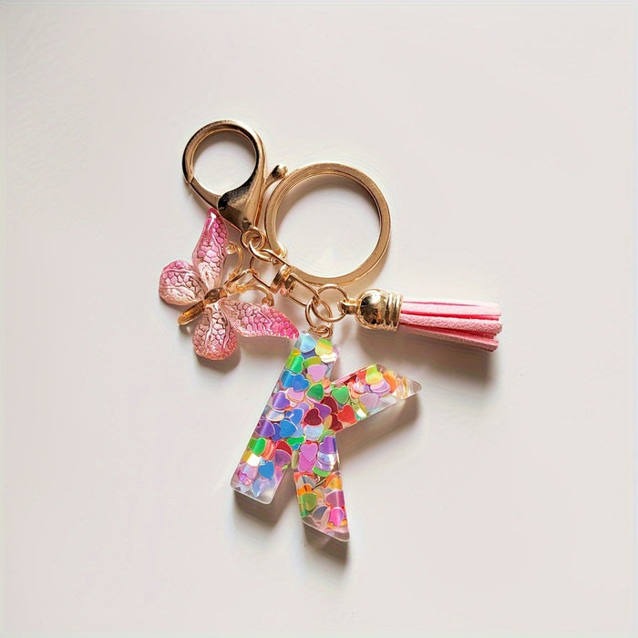 1pc Creative English Letter Pendant Keychain For Girls, Pink Sequin Drop Glue Butterfly Key Chain For Girls, Bag Car Key Ornament Christmas Gift