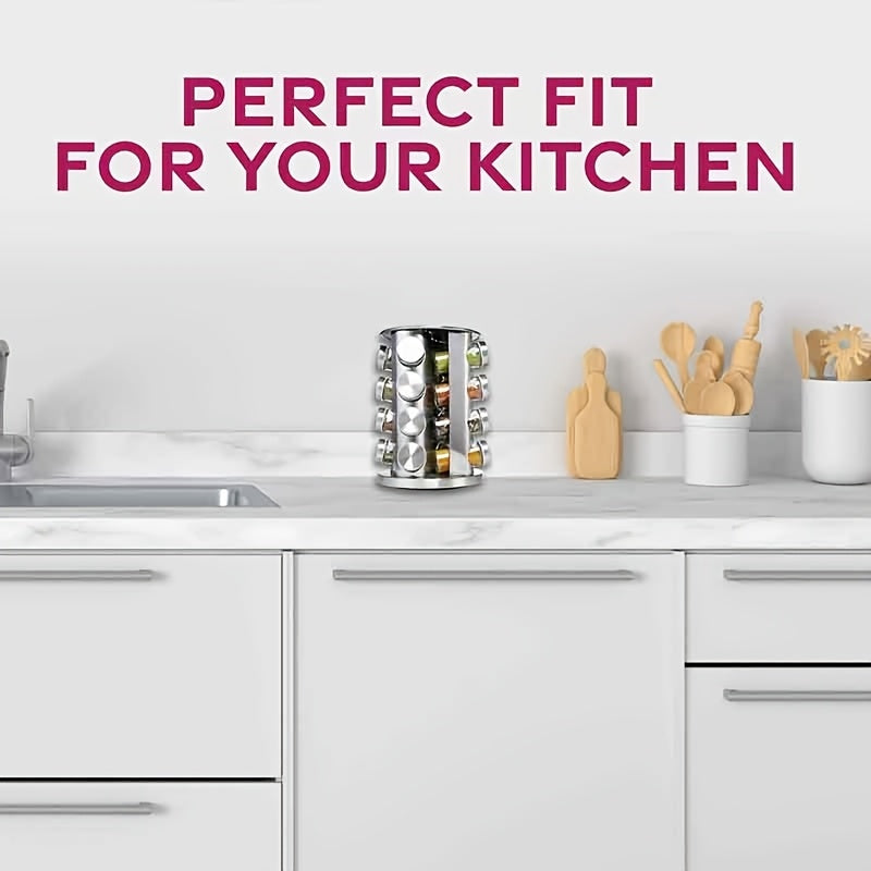 16pcs Stainless Steel Spice Rack Set with 360° Rotating Carousel - Durable, Rust-Proof & Moisture-Resistant Kitchen Organizer for Seasonings and Condiments