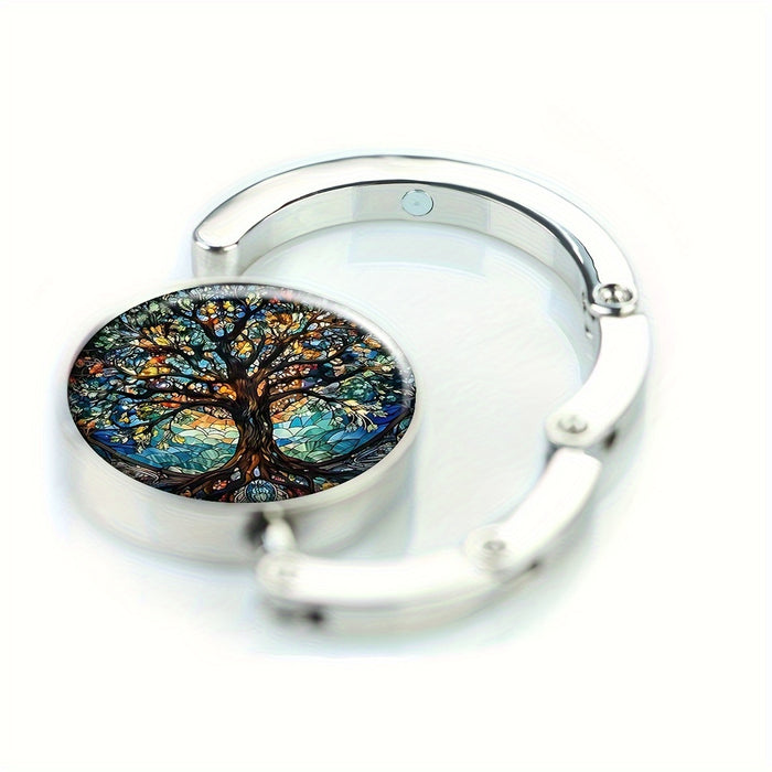 Tree of Life Design Portable Bag Hooks, Zinc Alloy, Foldable Handbag Storage Hanger, Elegant Purse Organizer, Mature Style, with Unique Gift for Travel & Home Use