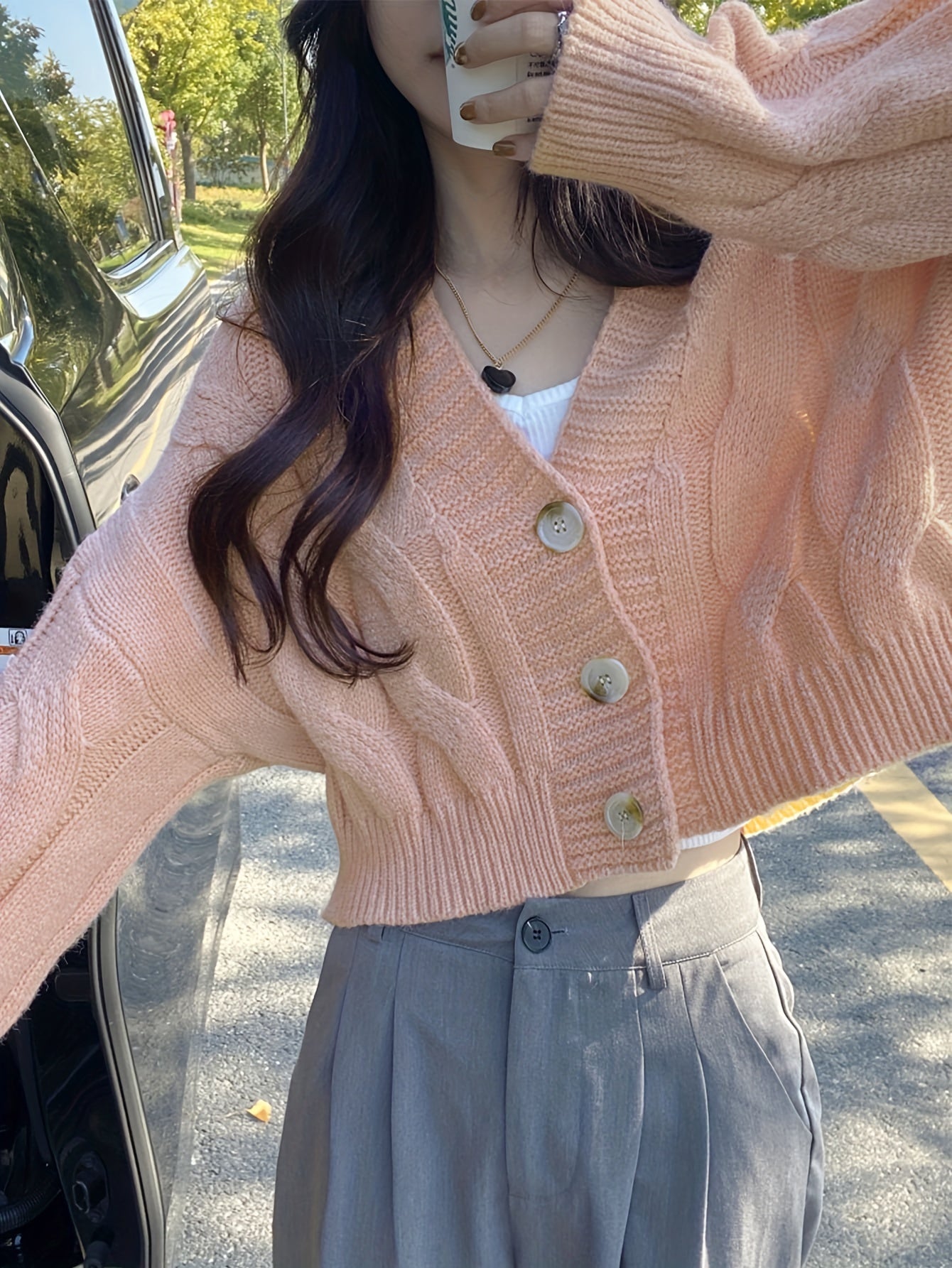 Women's Casual V-Neck Cardigan - Loose Fit, Long Sleeve, Button-Up Knit Sweater in Light Pink, Stretchy Polyester Blend, Perfect for Spring/Fall, Casual Wear|Buttonup Knitwear|Stylish Texture