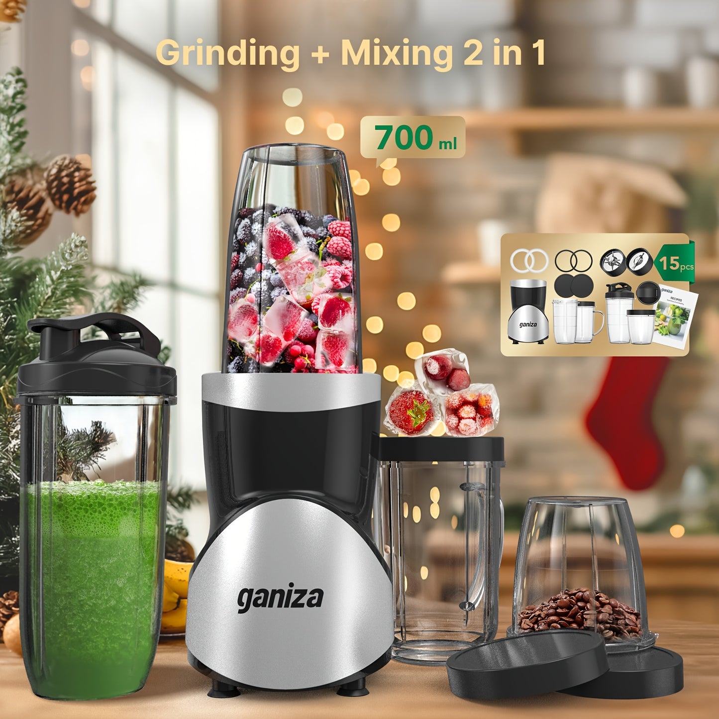 Ganiza Smoothie Juicers, Blender For Shakes And Smoothies, 15pcs Personal Blender And Grinder Combo For Kitchen, Smoothies Maker With 4 BPA-Free Portable Blender Cup, Nutritious Recipe, MAX 900W, Gifts For Family And Friends
