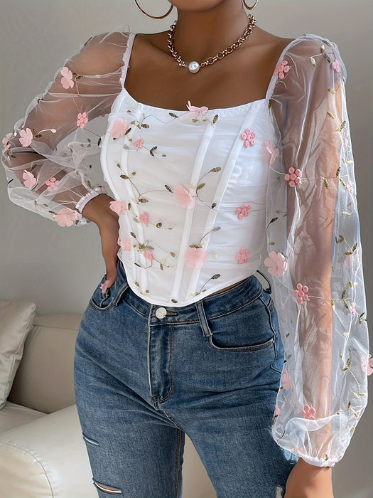 Off-the-Shoulder Contrast Mesh Floral Embroidered Sheer Bodice with Boning Details, Polyester Blend Raglan Long Sleeve Top with Medium Stretch - Elegant all-season Pullover