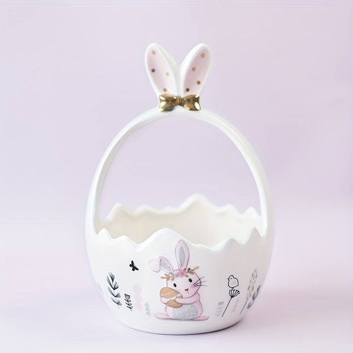 Cute Pastel Pink Ceramic Bunny Basket for Easter, Perfect for Holding Flowers Or Fruits As a Decorative Piece.