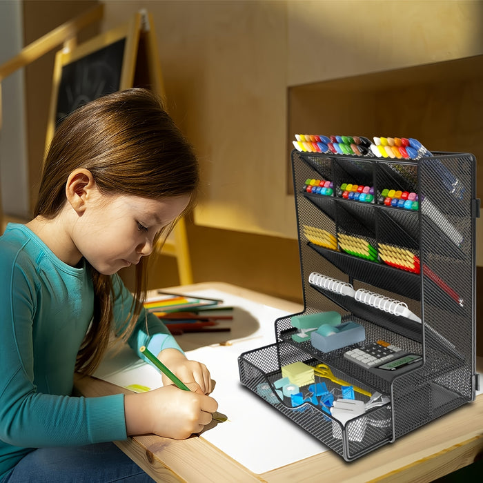 [1 Pcs Multi-Functional Organizer] 1 Pcs Pen Organizer for Desk, Multi-Functional Desk Organizer, Wall Mount Pen Holder with Drawer for School, Office, Home, Art Supplies, Black