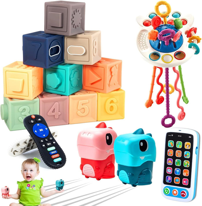 5 in 1 Baby Toys Set for Ages 6-36 Months - Dinosaur Toys, Pull String, Cell Phone Toys, Sensory Shapes Simulation Remote Control, Baby Gifts (Dinosaur Toy car)