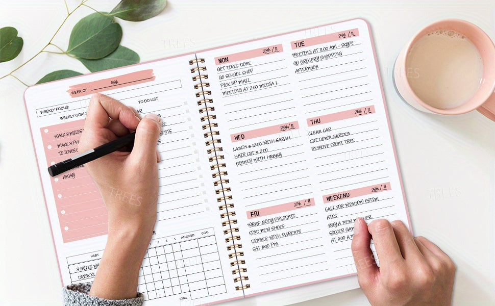 1pc TREES A5 Spiral Undated Planner, 52 Sheets, Daily Weekly Agenda Notebook, PVC Cover, Office School Stationery, Goal Setting & Planning, 8.3x5.5 Inches