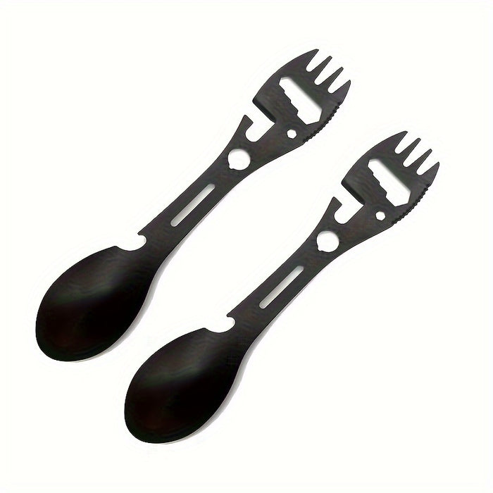 1/2pcs 10-in-1 Multi-Functional Tableware - Stainless Steel Portable Utensil, Can Opener, Serrated Knife, Wrench, Direction Indicator - Perfect for Outdoor Camping, Hiking, Picnic & Travel - For Adventurers & Outdoor Enthusia