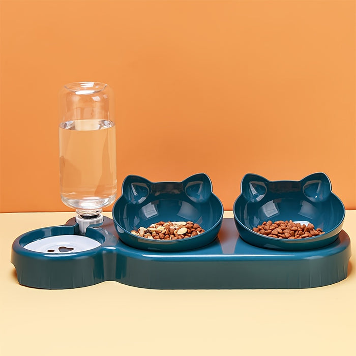 3-in-1 Pet Feeding Set: Tilted Cat Bowls with Gravity Water Bottle and Ear Design for Neck Protection