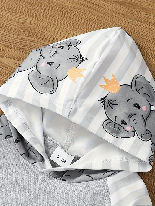 2pcs Baby Boy Baby Elephant Cartoon Print Comfortable Long Sleeve Hooded Top + Stitched Stripes Baby Elephant Full Print Trousers Two Sets, for Outdoor