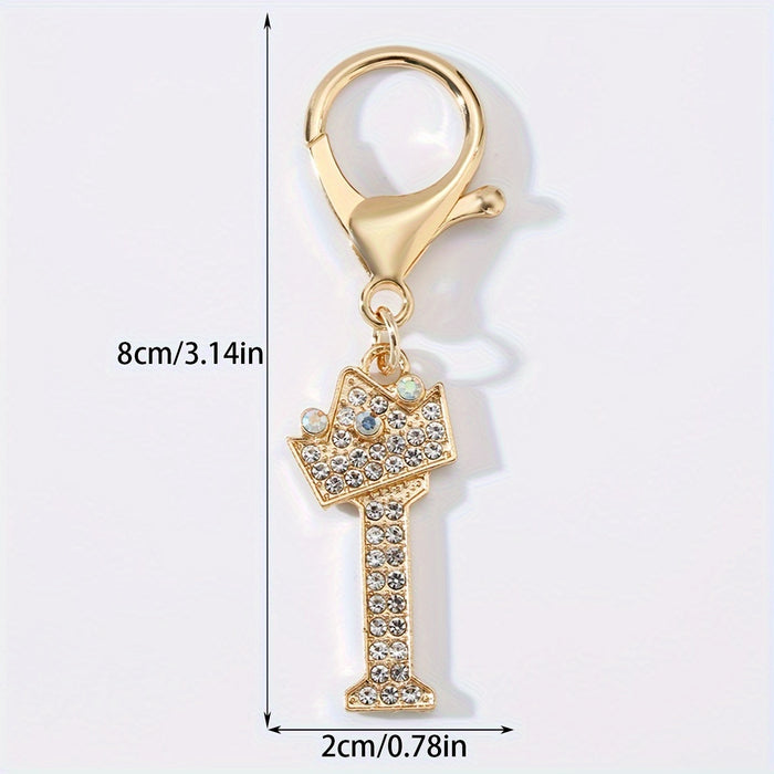 1pc Fashion Zinc Alloy Artificial Diamond Crown 26 English Letters Key Chain For Men, Bag Pendant To Friends