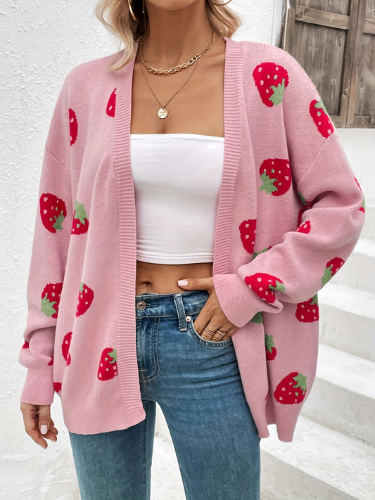 Strawberry Print Open Front Cardigan, Long Sleeve Elegant Cardigan for Spring & Fall, Women's Clothing