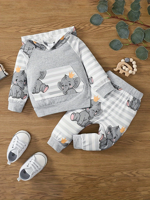 2pcs Baby Boy Baby Elephant Cartoon Print Comfortable Long Sleeve Hooded Top + Stitched Stripes Baby Elephant Full Print Trousers Two Sets, for Outdoor