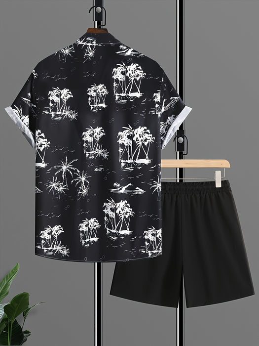 Men'S Casual Summer Tropical Print Short Sleeve Shirt & Drawstring Shorts Set - Comfortable Polyester Fabric, White with Blue Palm Tree Design, Perfect for Beach, Vacation, or Everyday Wear, Vacation Attire|Tropical Print Shi