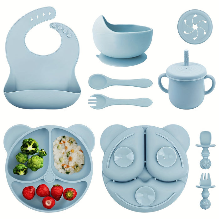 10-Piece BPA-Free Silicone Toddler Feeding Set - Pink Animal Print, Includes Suction Cup Dividers, Spoon, Fork, Straw Cup, Bib - Microwave & Oven Safe - For Baby Led Weaning - Perfect Gift for New Parents