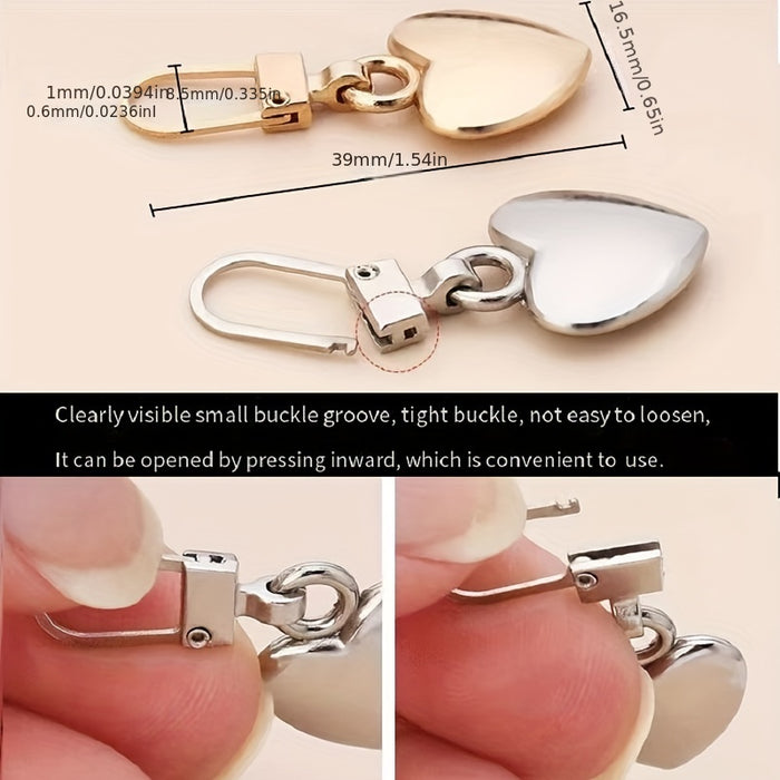 5 Versatile Heart-shaped Golden Accessories With Small Holes, Semi-automatic Head Pull Pieces That Can Be Disassembled, Suitable For Replacing Zipper Heads On Bags, Jackets, Clothes, Shoes, And Boots, As Well As Pendant Zippe