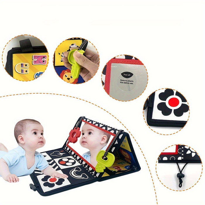 Baby Tummy Time Mirror - Early Learning Sensory Stimulation, Safe Materials, Car Seat Back Hanging Toy, Foldable Infant Black and White Cognitive Mirror - Gift
