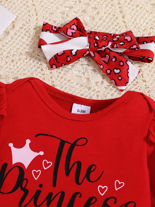 3pcs Baby Girl Outfit Set, "The Princess Has Arrived" Print Long Sleeve Romper with Ruffle Detail, Heart Pattern Print Pants, and Headband, Polyester Knit Fabric, Crew Neck, Regular Fit, for Spring/Fall - Perfect for Valentin