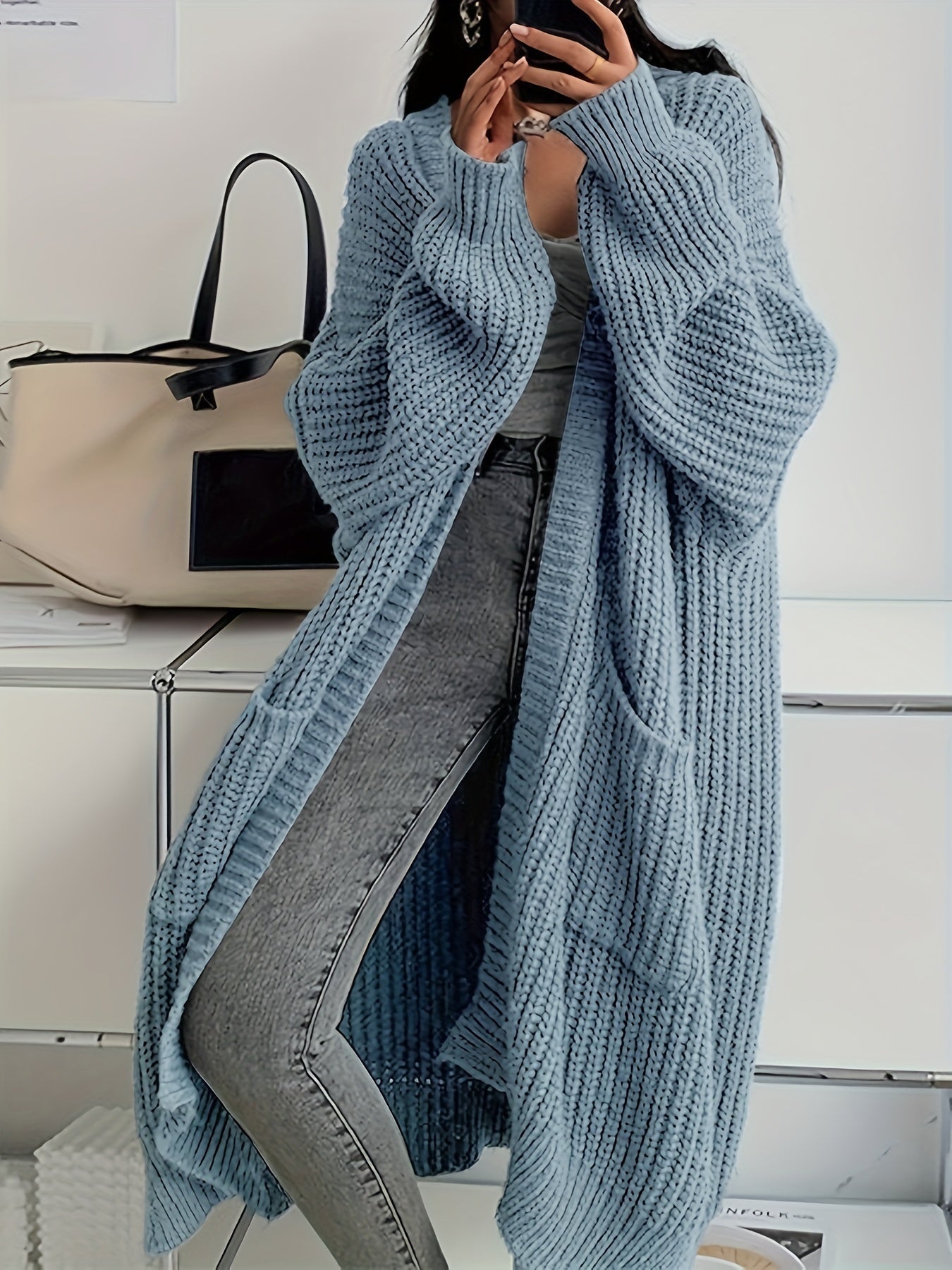 Women's Solid Color Open Front Knitted Cardigan, Long Sleeve, Spring/Fall Casual Wear