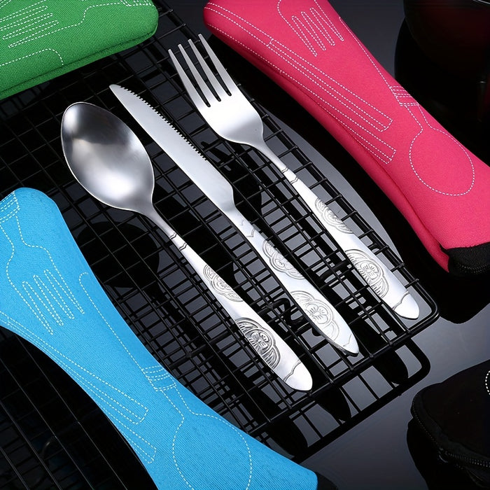 3pcs Set Dinnerware Portable Printed Knifes Fork Spoon Stainless Steel Family Camping Steak Cutlery Tableware with Bag