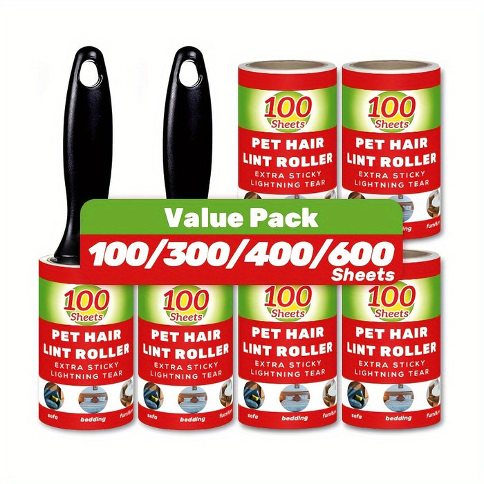 Value Pack of 100/300/400/600 Sheets of Pet Hair Removal Rollers, Including Refillable Sticky Rollers, Designed for Removing Pet Fur. Portable Lint Removers Suitable for Furniture, Carpets, Clothing, And Christmas Party Suppl