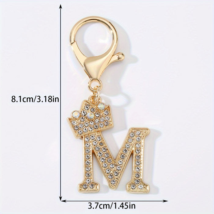 1pc Fashion Zinc Alloy Artificial Diamond Crown 26 English Letters Key Chain For Men, Bag Pendant To Friends