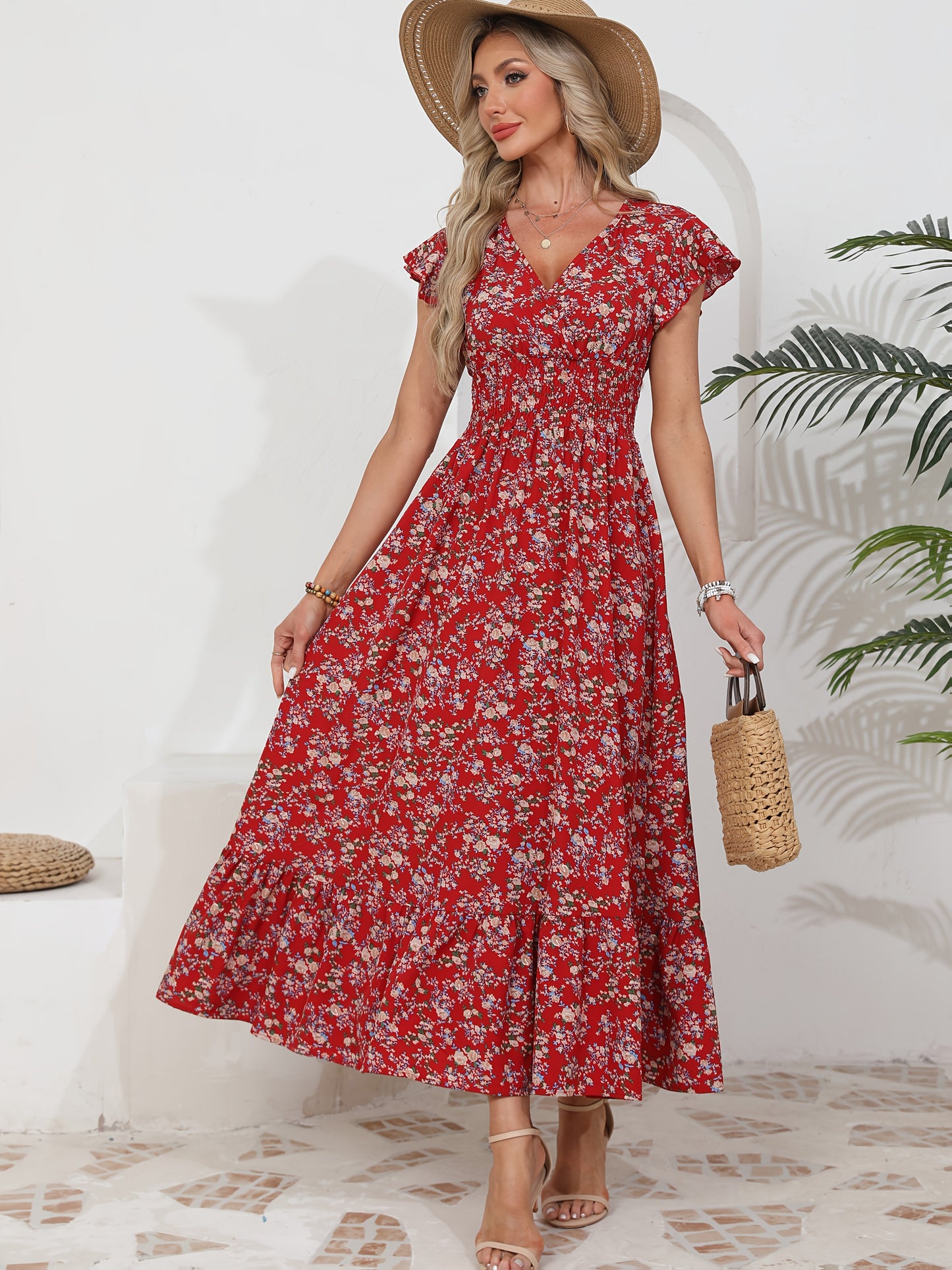 Floral Print Shirred Waist A-Line Dress with Ruffle Sleeves, Women's Summer Vacation Dress