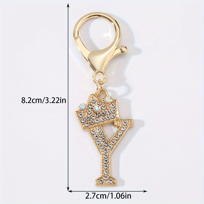 1pc Fashion Zinc Alloy Artificial Diamond Crown 26 English Letters Key Chain For Men, Bag Pendant To Friends